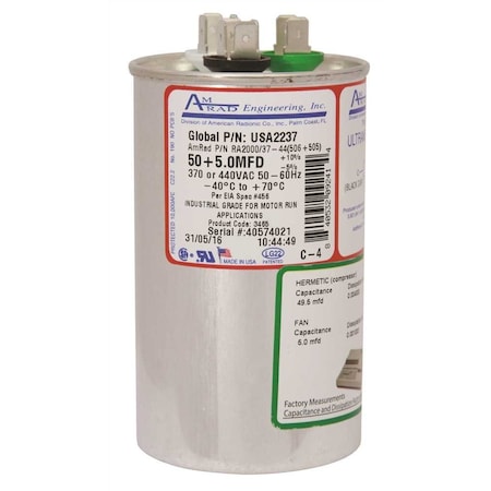 Amrad Engineering ROUND USA-MADE MOTOR RUN CAPACITOR, 50/5 MFD, 370/440 VAC USA2237